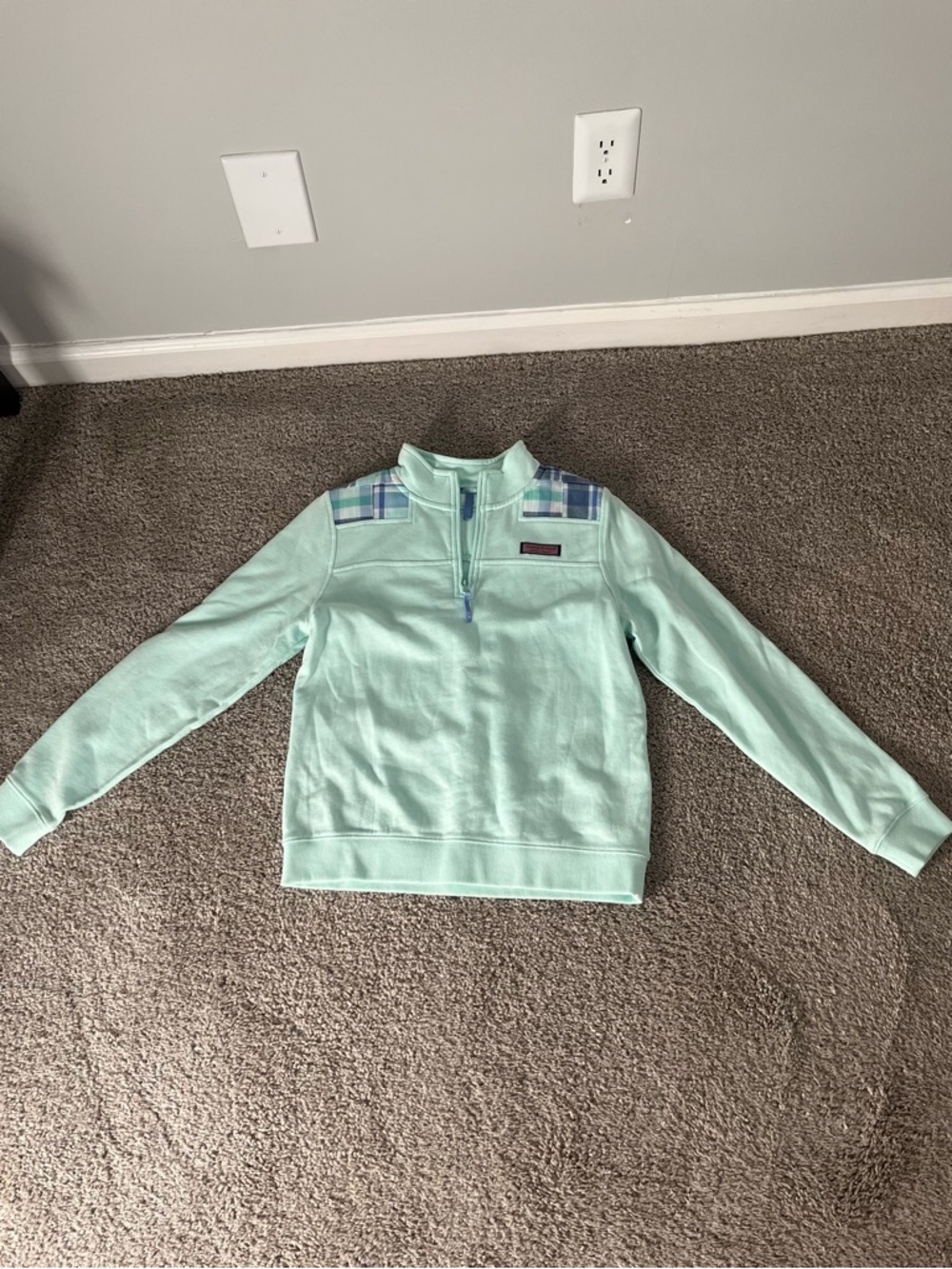 Vineyard Vines Mint Green Quarter-Zip Sweater with Plaid Shoulders